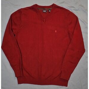 Izod Mens Long Sleeves Ribbed V Neck Knitted Red Pullover Sweater Size Large
